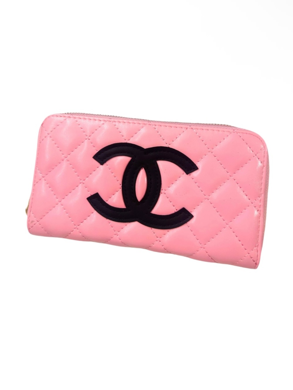CHANEL Pink Quilted Zip-Around Wallet with Black CC Emblem